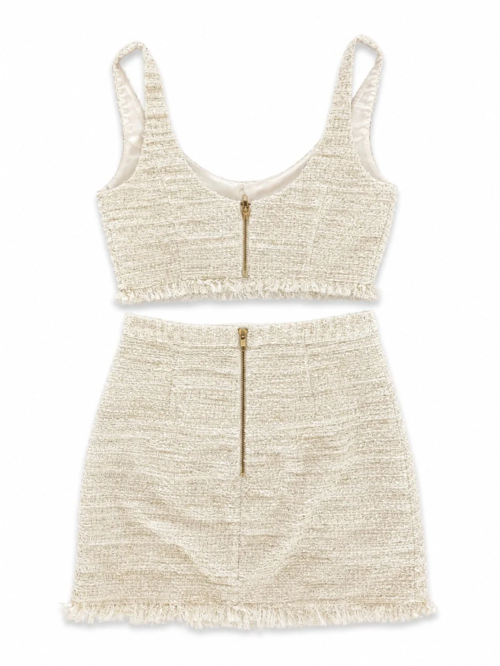 NBD Cream Fringed Sequin Knit Skirt Set